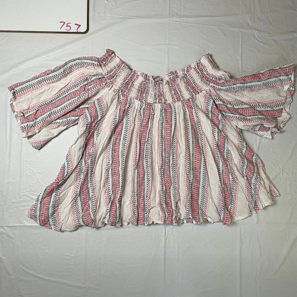 Ocean Drive Womens Off Shoulder Smocked Striped Crop Top Nautical Red Blue Large